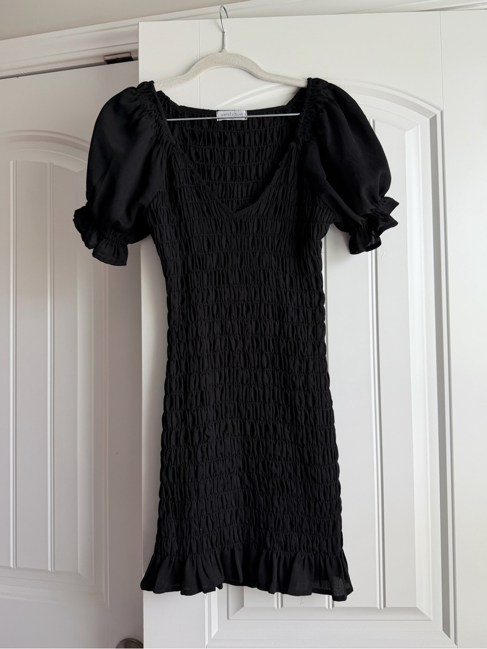 vestique Black Smocked Puff-Sleeve Mini Dress
